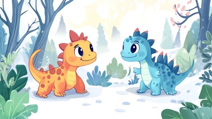 Two cute dinosaurs in a winter forest