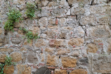 Exterior design and decoration of old red brick wall and flooring