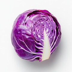 Obraz premium Vibrant Purple Red Cabbage Cut in Half on White Background
