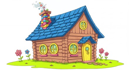Colorful cartoon log cabin illustration