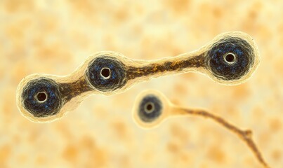 Obraz premium Microscopic View of Fungal Cells with Blue Dots on Yellow Background
