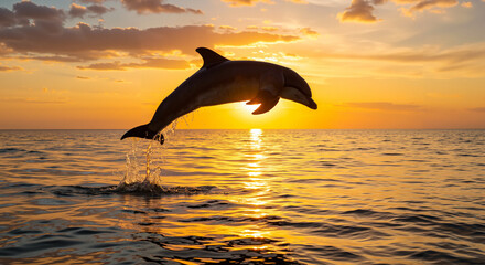 Silhouetted Dolphin Leaping with Grace Against Warm Sunset Sky Over Calm Ocean