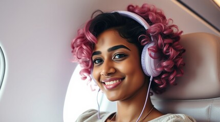 young woman with headphones enjoying listening to music at the jet