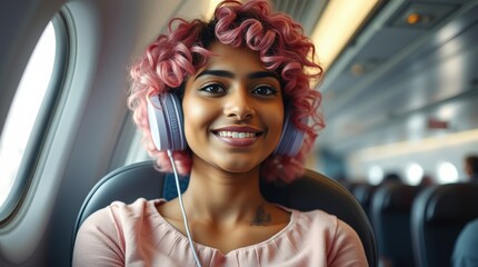 smiling young woman with headphones at the jet