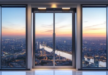Cityscape at Sunset Viewed Through Modern Glass Doors