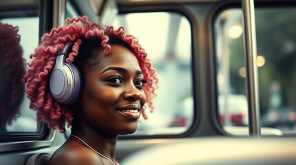 smiling young woman with headphones at the bus