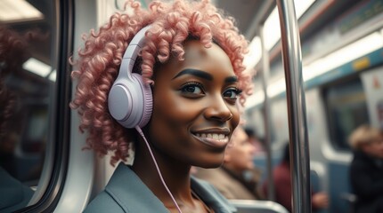 smiling young woman with headphones at subway train