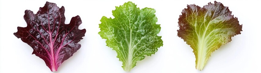 Three Colorful Lettuce Leaves on White Background