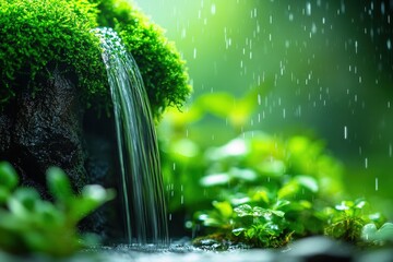 Cascading water over moss-covered rocks during a gentle rain shower.