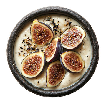 Top view of a delicious looking Ashta with figs on a dark ceramic dish isolated on a white transparent background