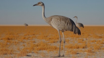 Obraz premium Elegant secretary bird standing tall in the vast african savannah wildlife habitat under a serene sky showcasing nature's beauty and grace in open grasslands