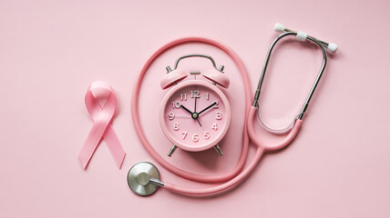 Elegant flat lay of monochromatic pink medical essentials on pastel background  vintage alarm clock