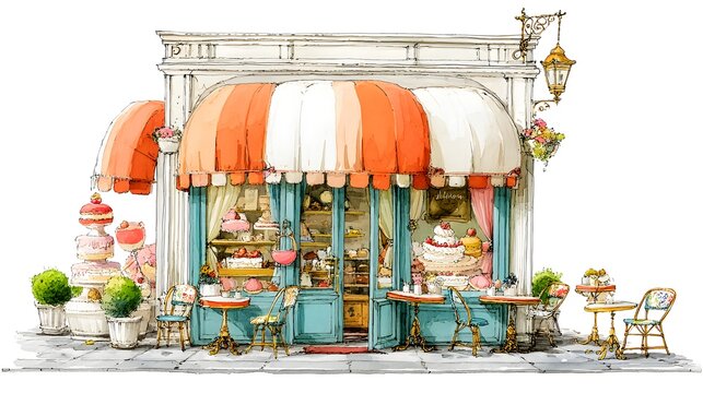 A charming Parisian-style patisserie storefront with colorful awning displays delicious cakes and pastries inviting customers to enjoy sweet treats.