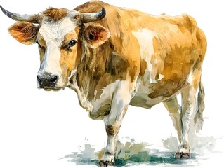 A detailed watercolor painting of a light brown and white cow standing in a grassy field looking directly at the viewer.