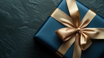 a neatly wrapped gift box in a dark teal color sits elegantly upon a textured black slate surface accentuated by a luminous golden ribbon tied in a beautiful bow ready for a special surprise