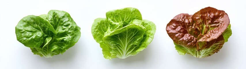 Obraz premium Three Heads of Fresh Lettuce Green, Light Green, and Red Varieties on White Background