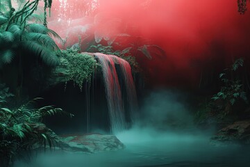Obraz premium Lush, misty waterfall cascading into a teal pool, enveloped in red and green hues.