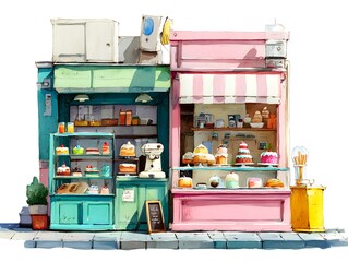 A charming watercolor painting depicts two adjacent pastel-colored shops showcasing an array of delicious pastries and cakes on display for sale.