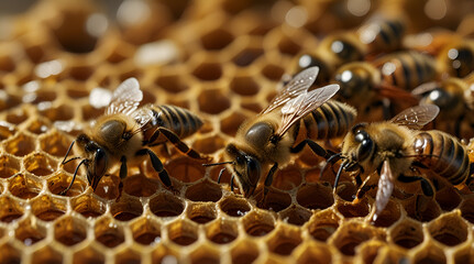 Detailed close-up of bees actively working on a honeycomb, emphasizing the intricate patterns and teamwork in nature,generative.ai

