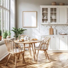 Fototapeta premium Bright Sunlit Kitchen with White Cabinets and Light Wood Dining Set