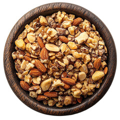 Top view of a delicious looking Warbat with nuts on a dark wooden platter isolated on a white transparent background