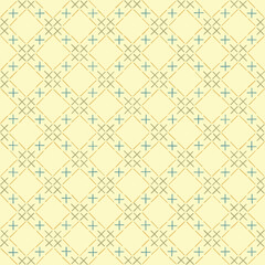 Fototapeta premium squares and crosses from hand drawn blue, yellow, green stripes. beige repetitive background. vector seamless pattern. folk decorative art. geometric fabric swatch. wrapping paper. design template for