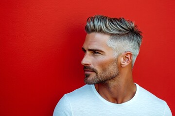 Fototapeta premium A happy man in a studio photo. Conceptual art of style for aging men. A happy and poised man radiating charm. Classy men's mid fade haircut - midlife white man with hair. Red solid backgroun.