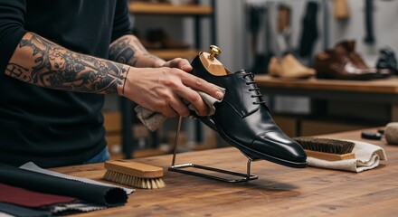Tattooed Craftsman Carefully Cleaning a Black Leather Shoe in His Workshop