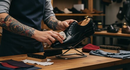 Tattooed Cobbler Carefully Polishing a Black Leather Shoe in His Workshop