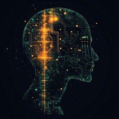 Abstract digital human head silhouette with glowing circuit board pattern, representing artificial intelligence