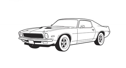 Vintage car drawing illustration black and white line art