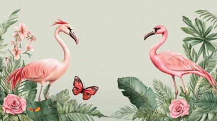 Obraz premium Exotic avian paradise featuring two pink flamingos amidst lush tropical foliage conveying serenity nature elegance and a touch of whimsy 117characters
