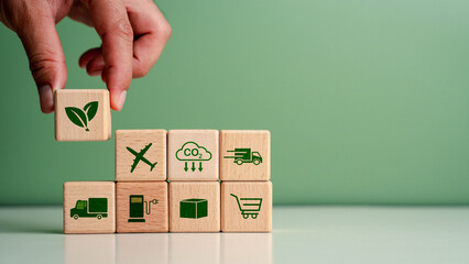 Green logistic or Sustainable transport. Green logistics icon on wooden block represents eco-friendly transportation. sustainable logistics.