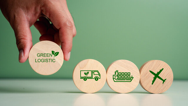 Green logistic or Sustainable transport. Green logistics icon on wooden block represents eco-friendly transportation. sustainable logistics.