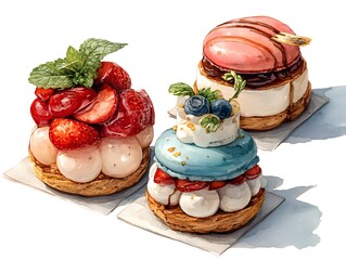 A delectable trio of gourmet pastries features strawberry tarts and vibrant macarons, perfect for a sweet treat or elegant dessert display.