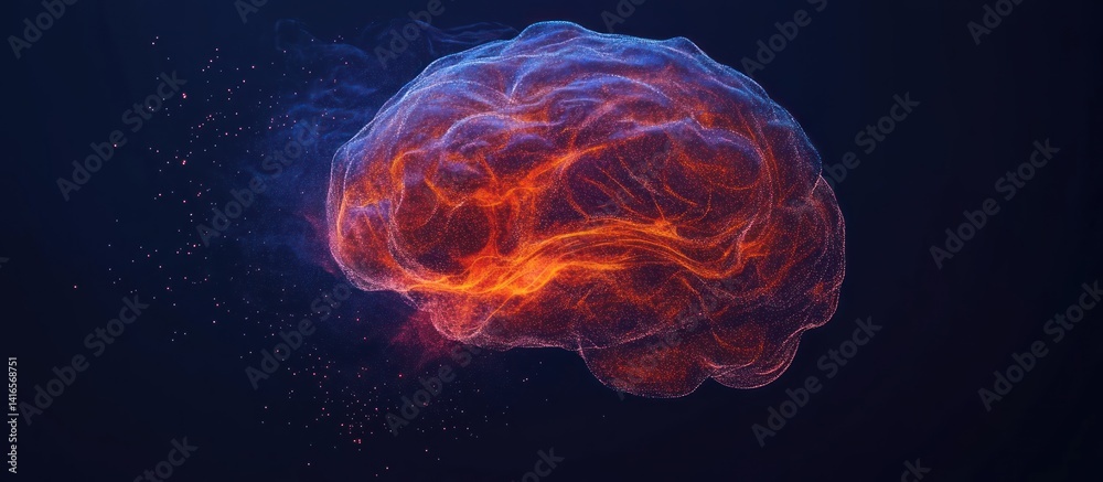 Poster abstract representation of a human brain visualized as a glowing and interconnected network of energ