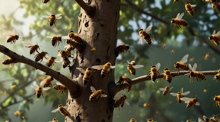 Swarm of bees clustered on a tree branch, animal illustration,generative.ai
