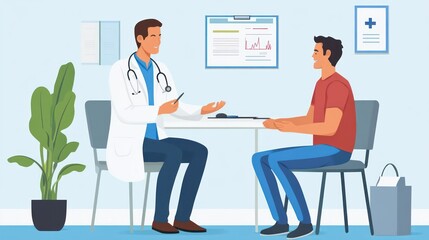 Doctor Patient Consultation: Healthcare Professional and Man Discussing Health in a Modern Clinic Setting