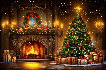 Obraz premium A cozy holiday scene featuring a beautifully decorated Christmas tree, a warm fireplace, and festive decorations in a charming room.