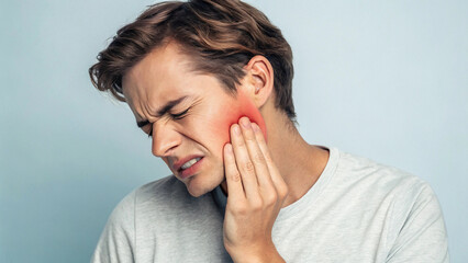 Young man experiencing jaw pain with highlighted discomfort area. Jaw pain, toothache, dental discomfort, facial pain, facial inflammation.
