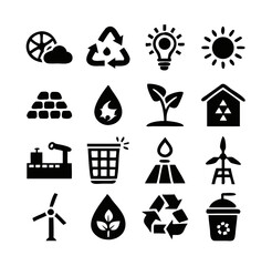 Clean Energy and Environment Icon Set in Black and White