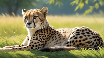  Asiatic cheetah, An Asiatic cheetah resting on a bed of lush green grass in a quiet open field