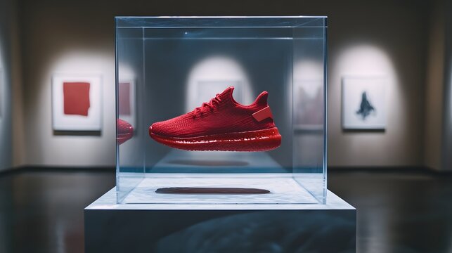 Red sneaker in acrylic display case, art gallery setting