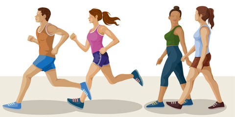 group of people man woman jogging editable vector illustration