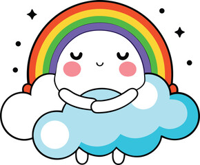 Cute cloud with rainbow arms hugging a sad person