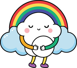 Cute cloud with rainbow arms hugging a sad person