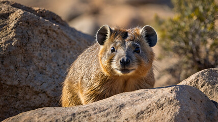 Naklejka premium rock hyrax A rock hyrax peeking its head out from between two large rocks