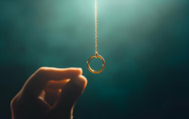 A close-up of a hand reaching for a swinging golden ring against a blurred background of light.