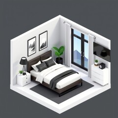 Modern Minimalist Bedroom Interior Design Isometric View of a Stylish Bed Nightstand and Window
