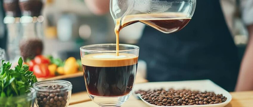 Barista Pours Freshly Brewed Coffee into Glass Cup Surrounded by Coffee Beans on Wooden Counter Creating Warm and Inviting Atmosphere